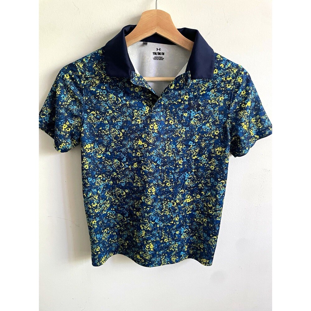 Under Armour Boys Polo Shirt 5-6Y Navy Blue Yellow Abstract Logo Short Sleeve